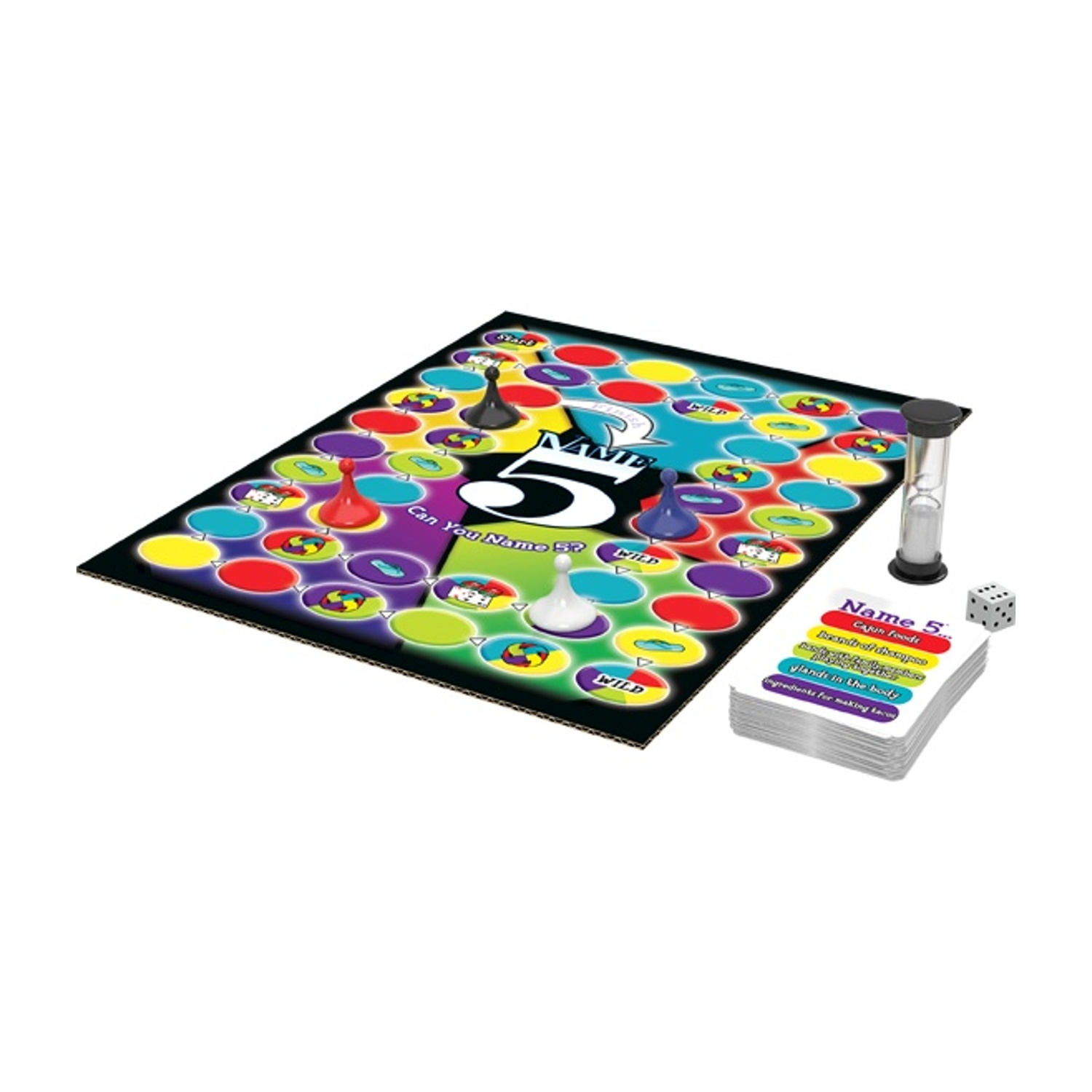 Tabellone, carte, timer, dadi e pedine per 'Name 5'.