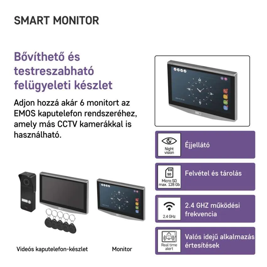 Egy kijelző biztonsági eszközökkel és monitorral, éjjellátó és tárolási funkciókat mutatva.