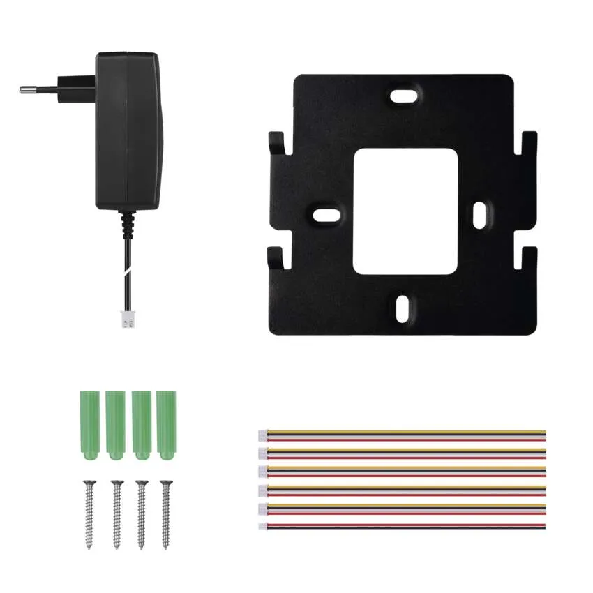 Különböző elektronikai alkatrészek: hálózati adapter, tartó, csavarok és vezetékek.