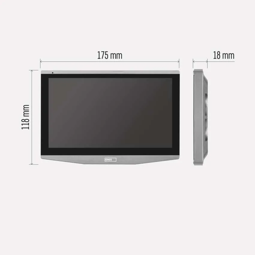 Monitor oldalsó és elülső nézete, méretek mm-ben.