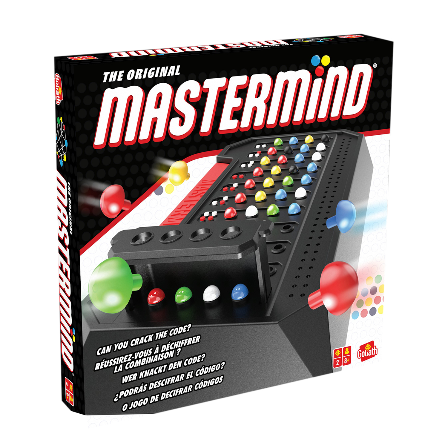 Il gioco da tavolo Mastermind originale con pioli colorati su una scacchiera nera.