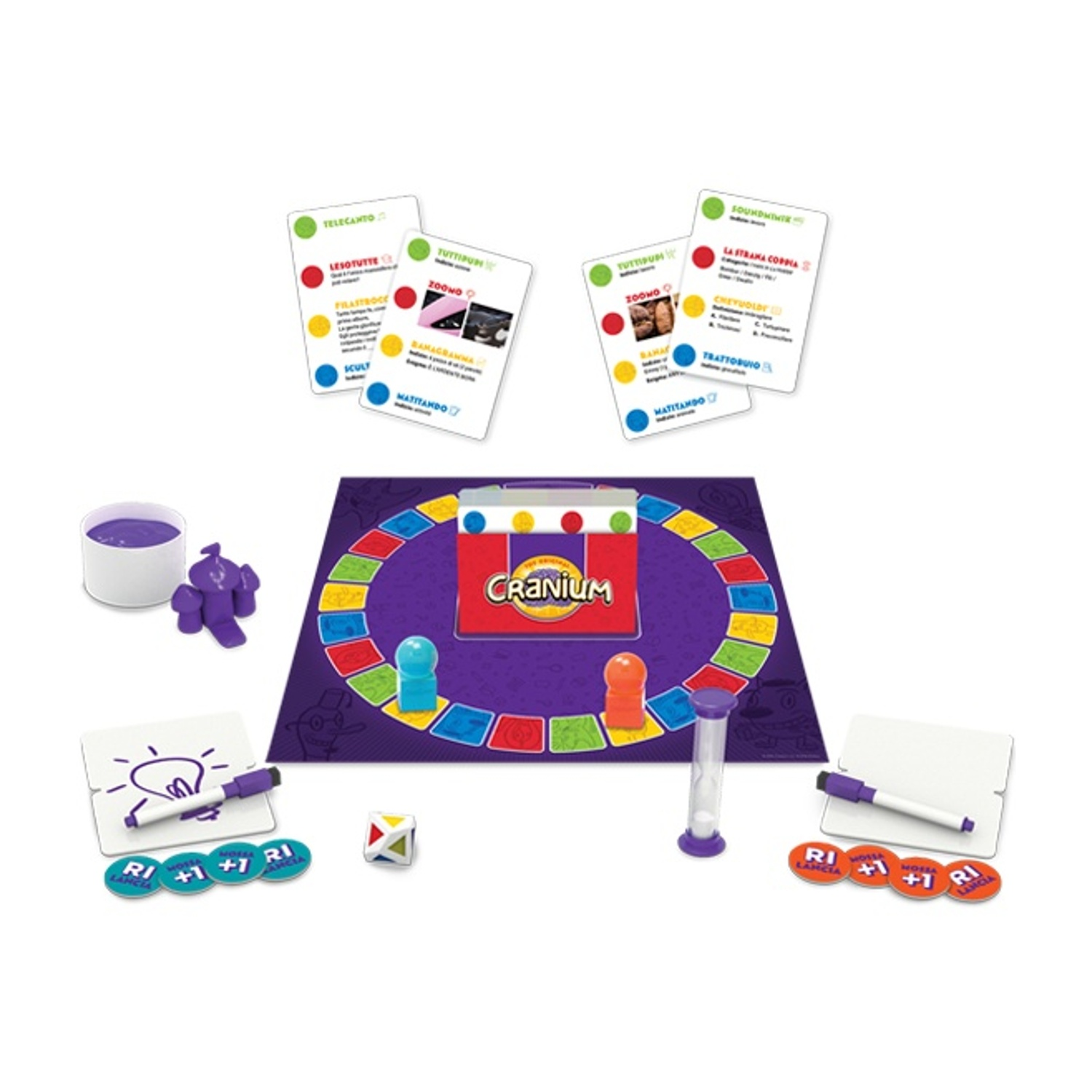 Gioco da tavolo Cranium con carte, pedine e area di gioco viola.