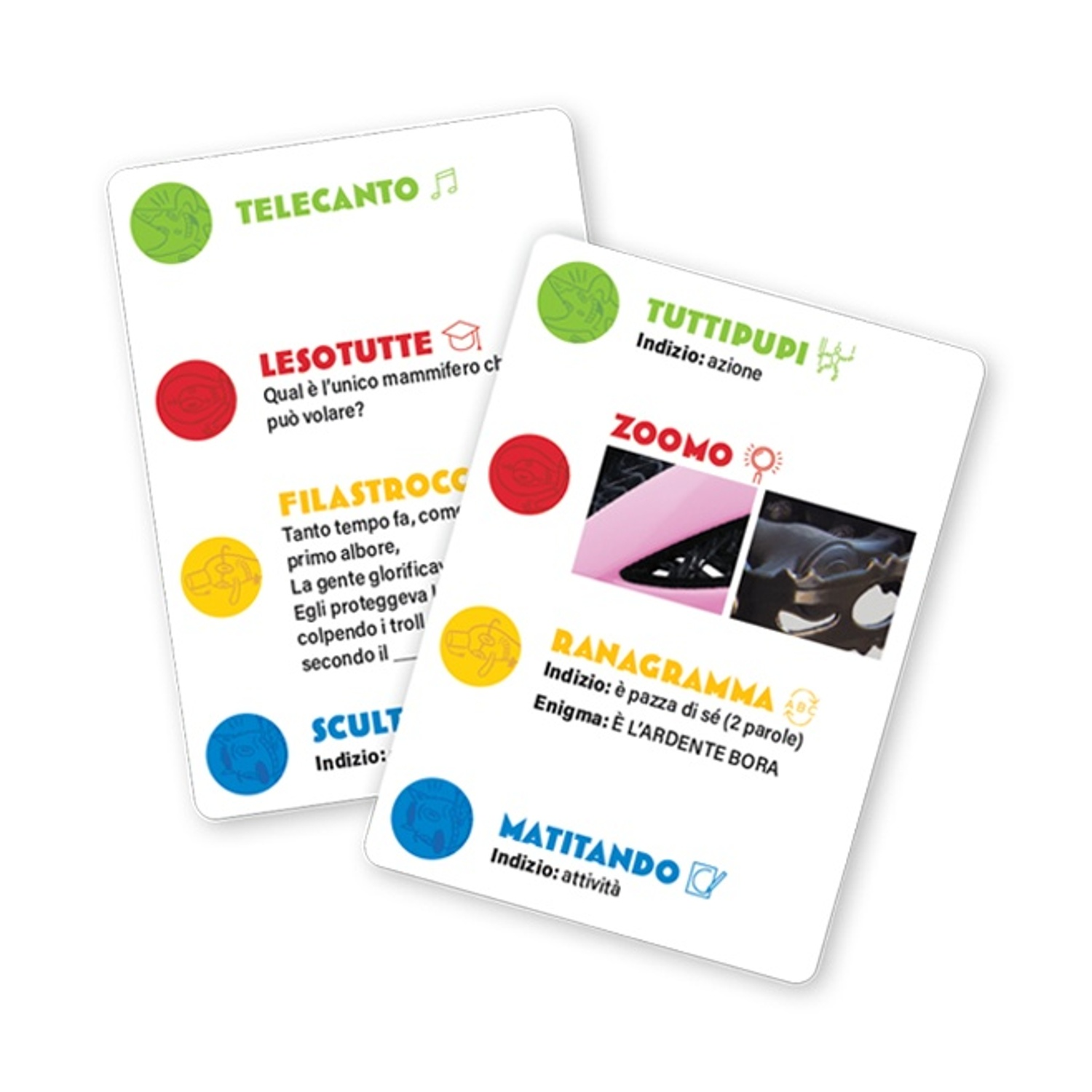 Carte con testo italiano, diversi colori e illustrazioni.