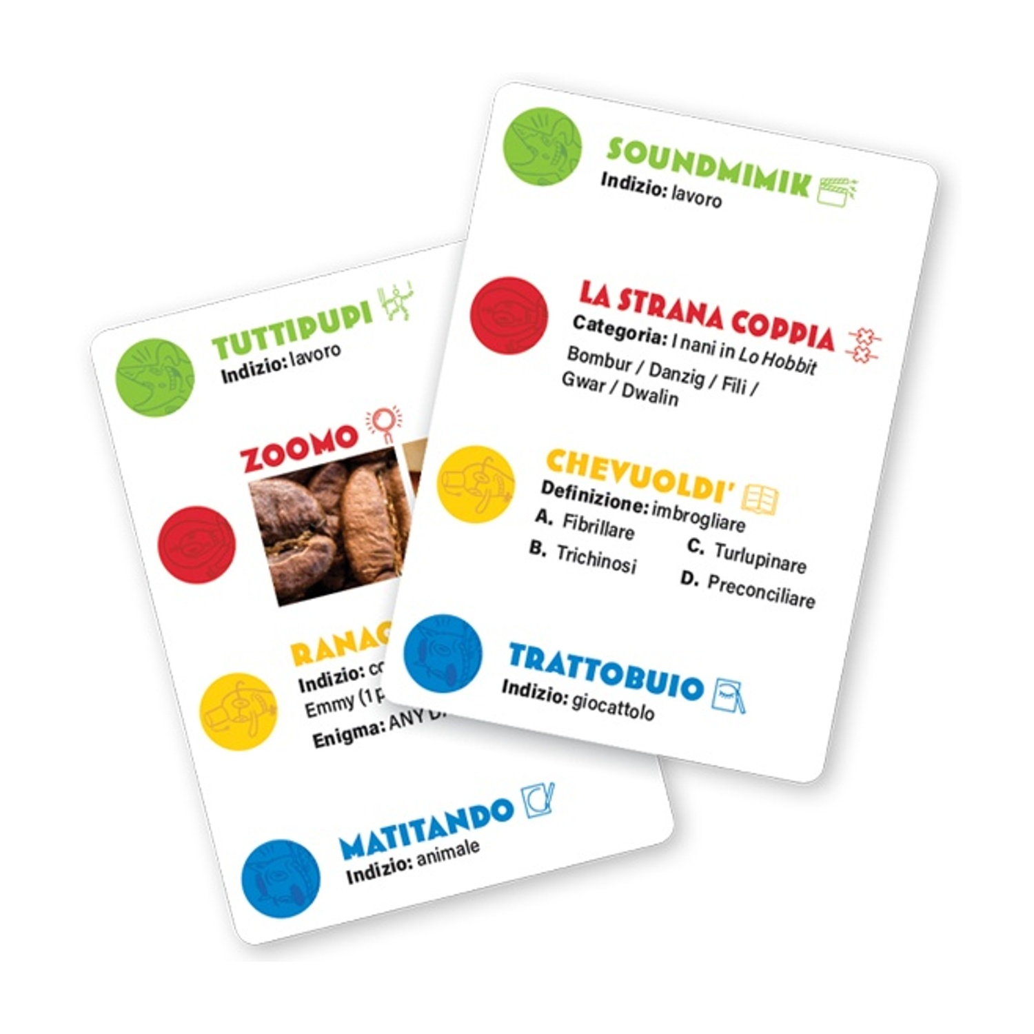 Carte con testo italiano, diversi colori e illustrazioni.