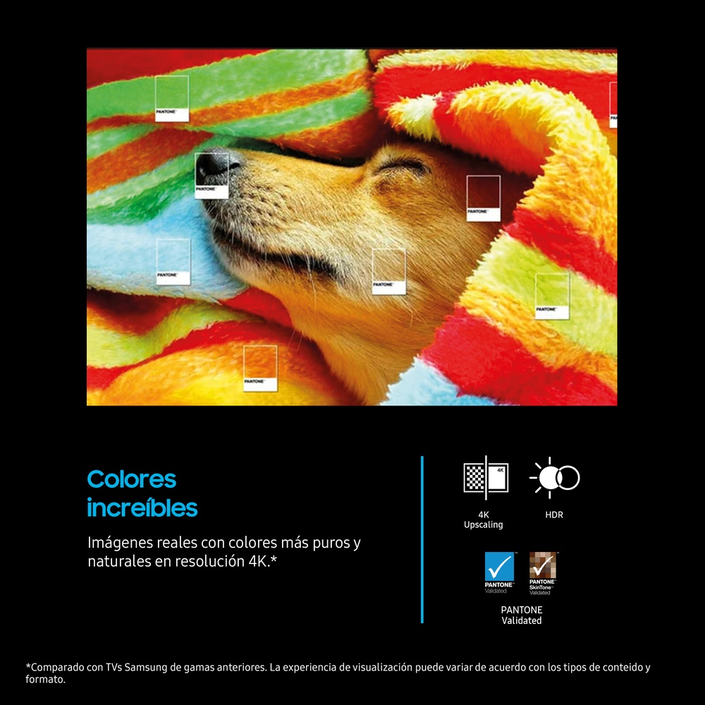 Un perro envuelto en una manta con muestras de color, mostrando las funciones de reescalado 4K y HDR.