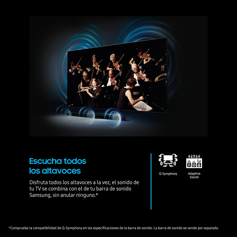 Una pantalla de TV muestra una orquesta. El texto promociona 'Q-Symphony' y 'Adaptive Sound'.