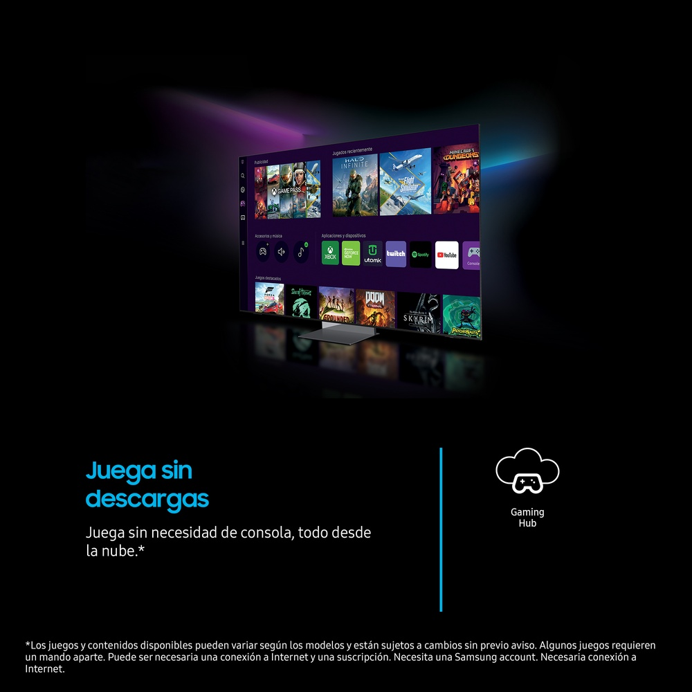 Un televisor muestra una interfaz de centro de juegos. El texto promociona jugar desde la nube.