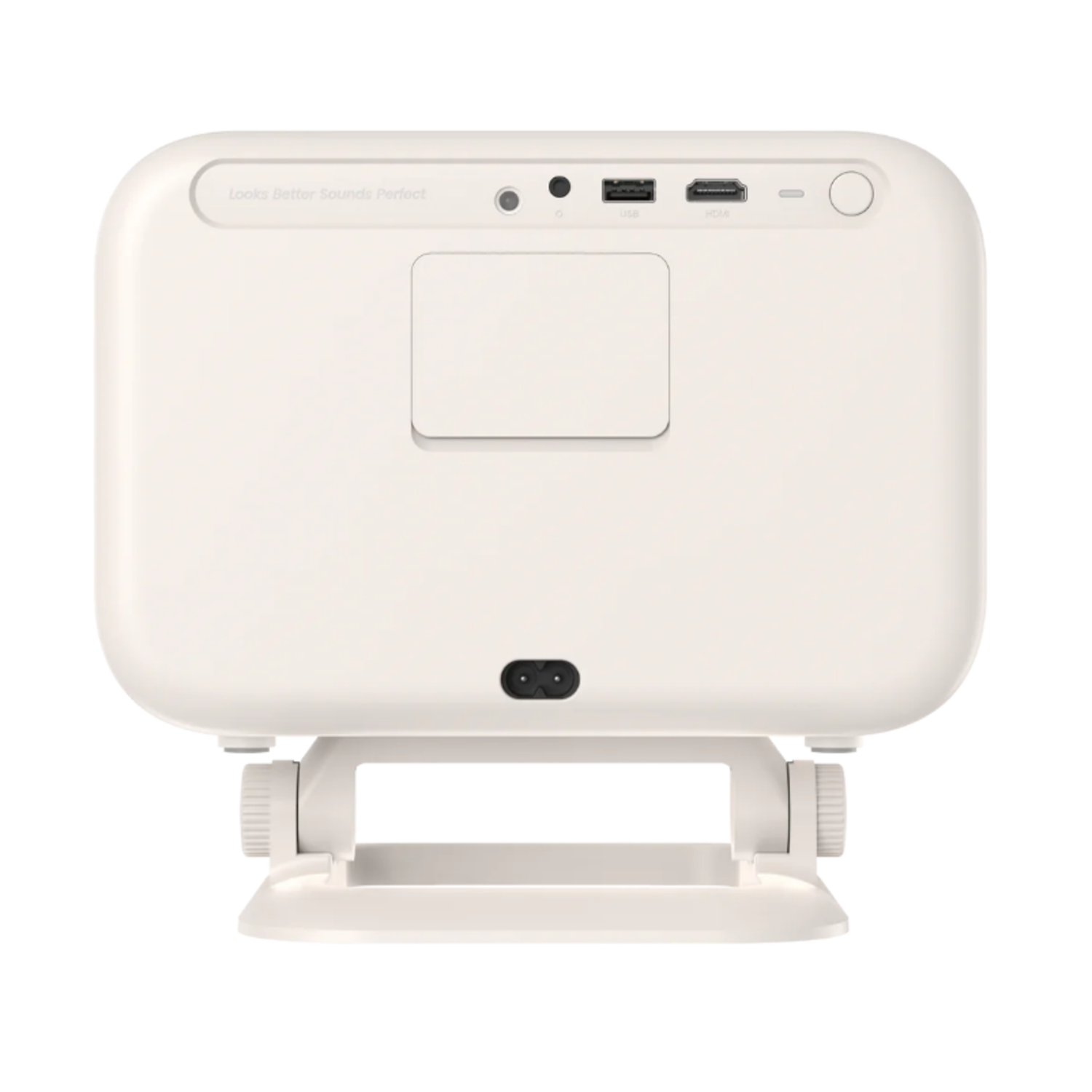 Achterkant van een witte projector. Het heeft poorten en de tekst 'Looks Better Sounds Perfect'.