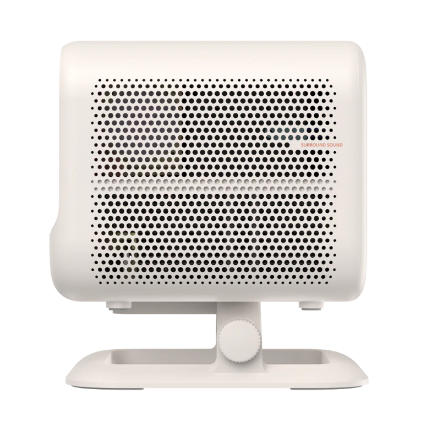 Een witte projector met een zwarte geperforeerde zijkant met surround sound tekst.