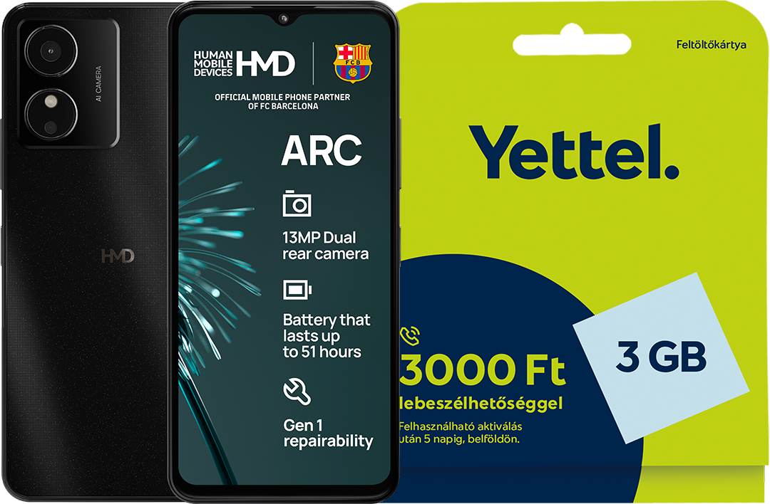 HMD ARC 2/64 GB DualSIM Fekete Feltöltőkártyás Okostelefon + Yettel Expresszcsomag