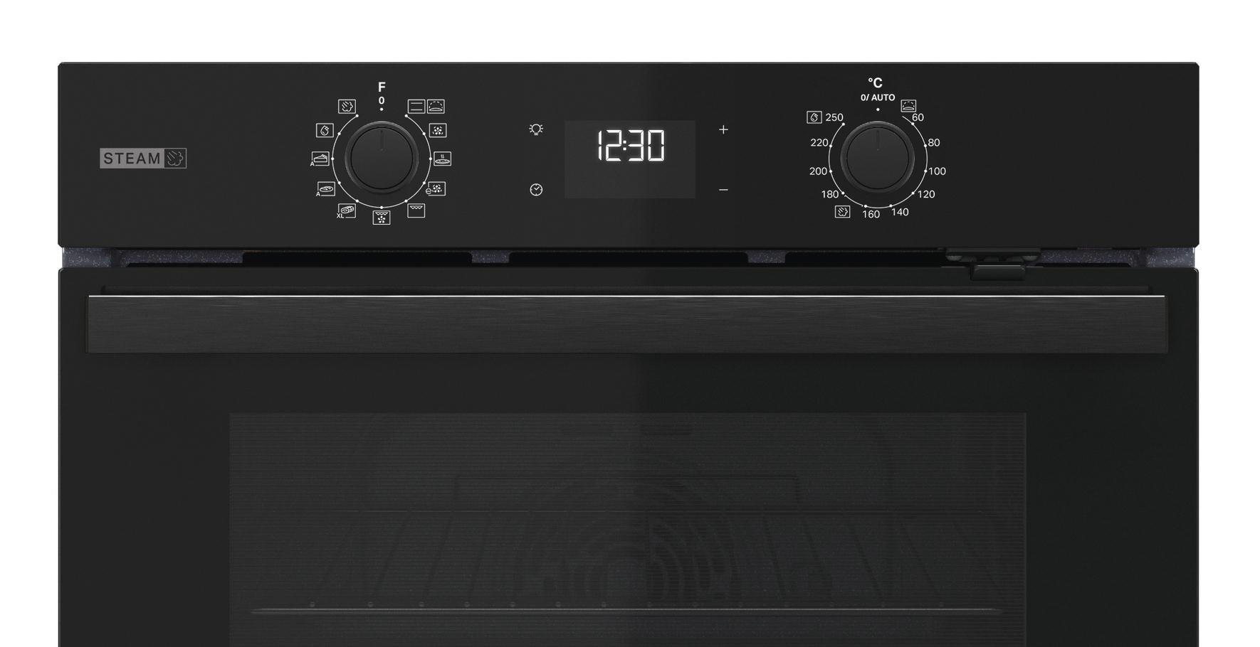 Schwarzer Backofen mit Digitaluhr, Knöpfen und Dampffunktion. Glastür.