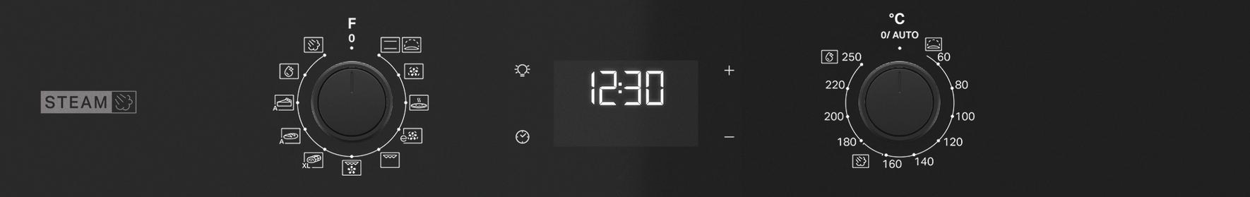 Nahaufnahme der Backofensteuerung: Knöpfe, Digitaluhr und Temperatureinstellungen.