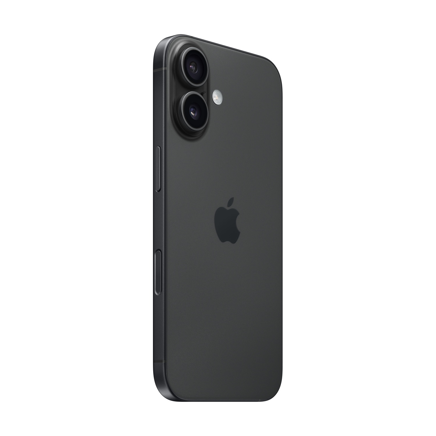 Il retro di uno smartphone grigio scuro con fotocamere e il logo Apple, isolato su sfondo bianco.