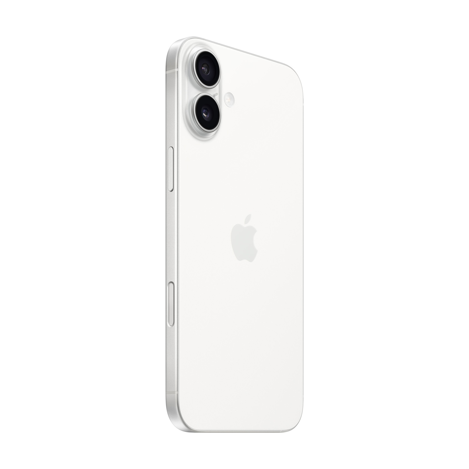 iPhone bianco Apple. Doppia fotocamera posteriore. Logo Apple. Cornice e pulsanti argentati. Isolato su bianco.
