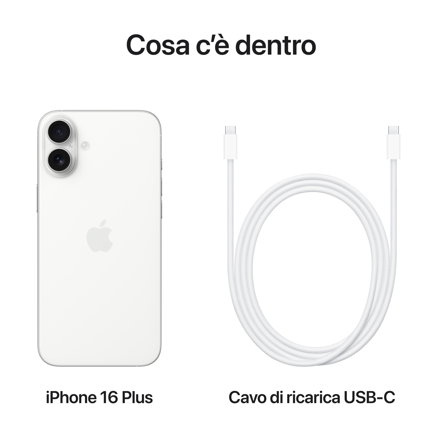 iPhone 16 Plus e cavo di ricarica USB-C. Sfondo bianco. Testo italiano in basso.