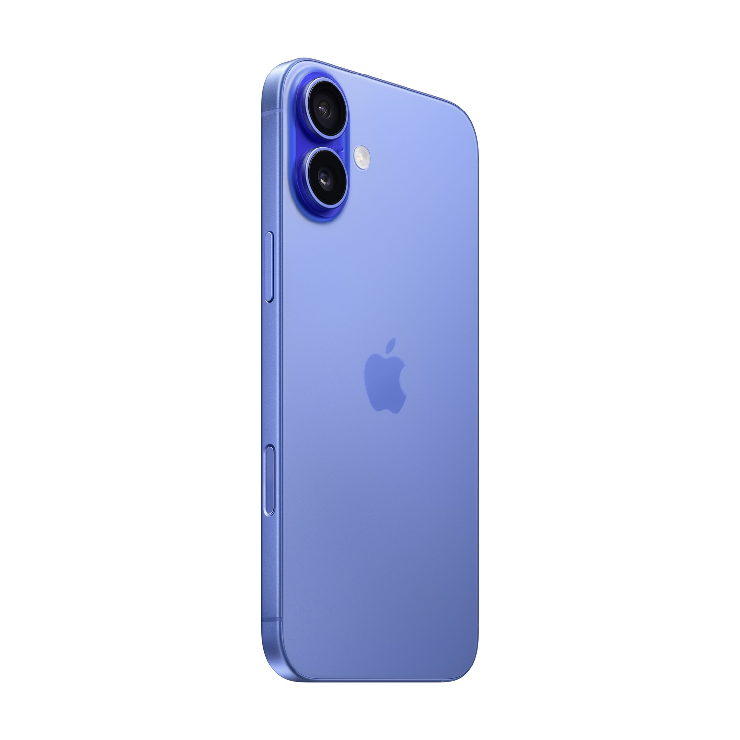 iPhone blu, vista laterale. Mostra pulsanti e sporgenza della fotocamera. Logo Apple sul retro.