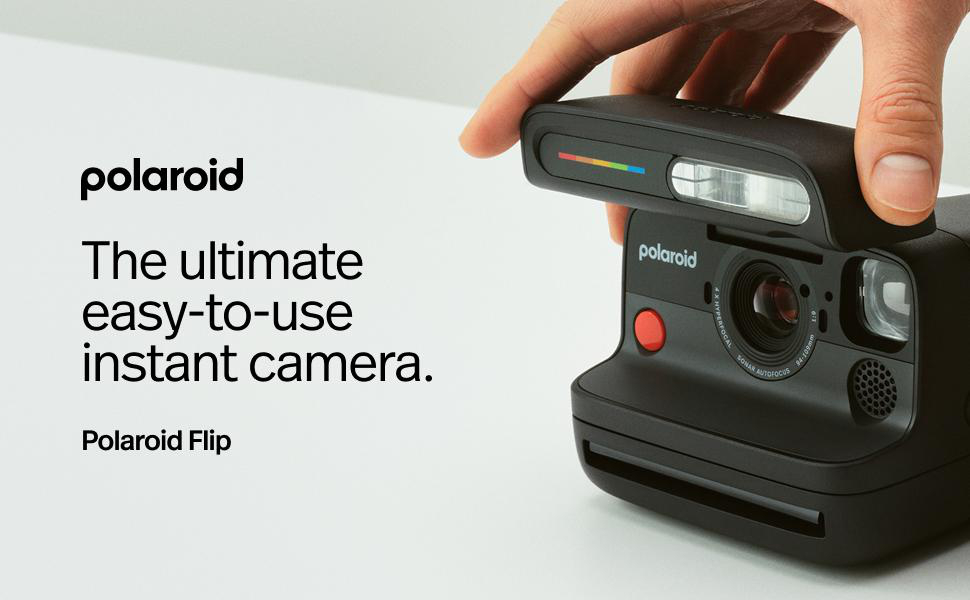 Eine schwarze Polaroid Kamera mit Text: benutzerfreundliche Sofortbildkamera. Polaroid Flip.