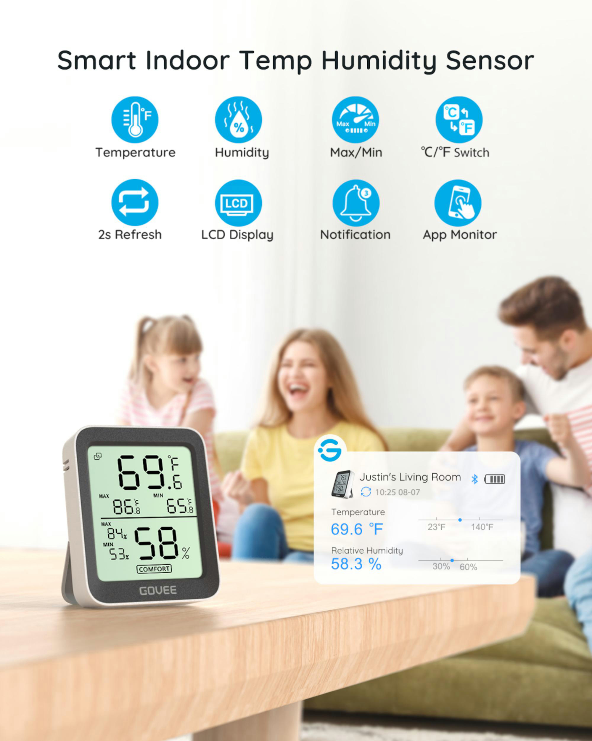 Ein digitales Thermometer, eine Familie im Hintergrund und ein Telefon, das Daten anzeigt.