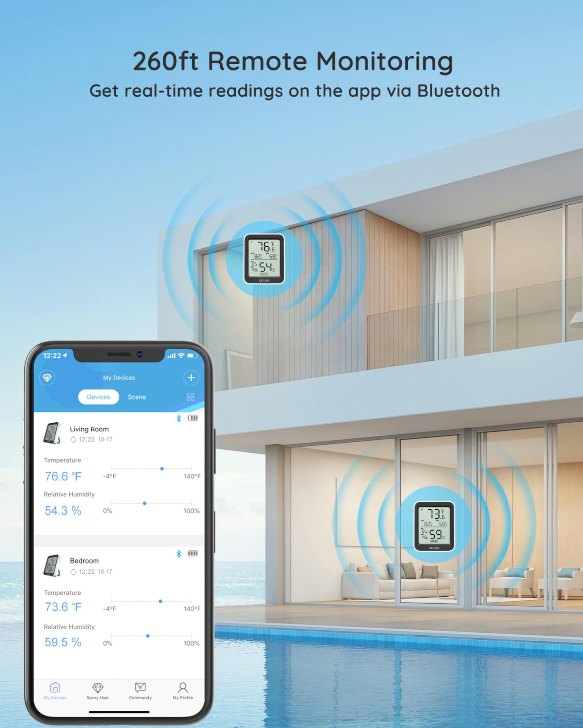 Ein digitales Thermometer und Telefon, das Daten anzeigt, mit einem Haus und Pool im Hintergrund.