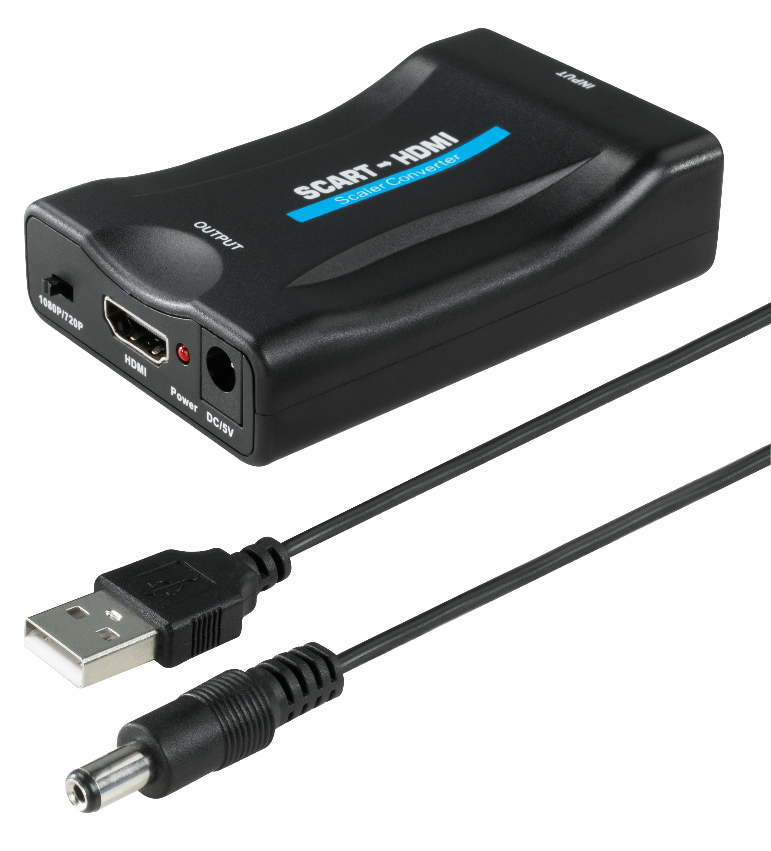 Konwerter SCART na HDMI z kablami. Czarne pudełko z portami HDMI i USB. Kable podłączone.