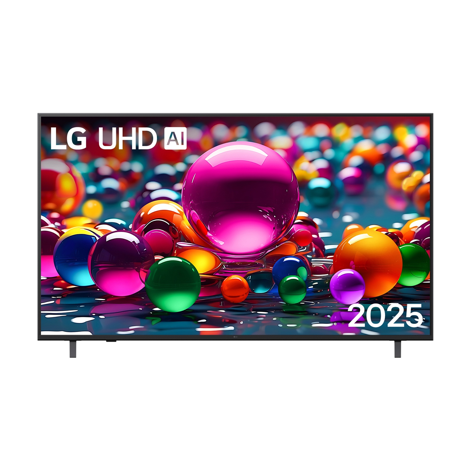 TV LG UHD AI con palline colorate sullo schermo e anno 2025.