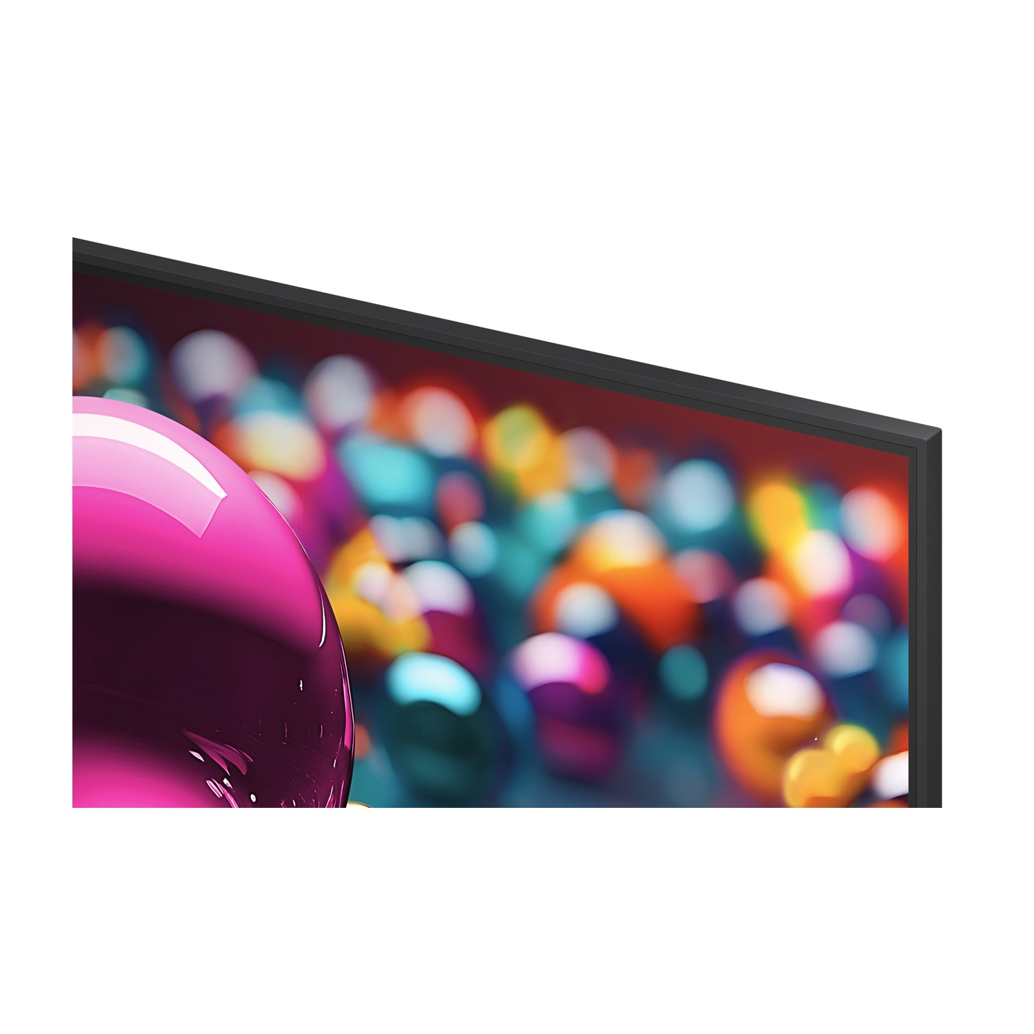 Primo piano schermo TV con sfere astratte colorate. Cornice nera visibile.