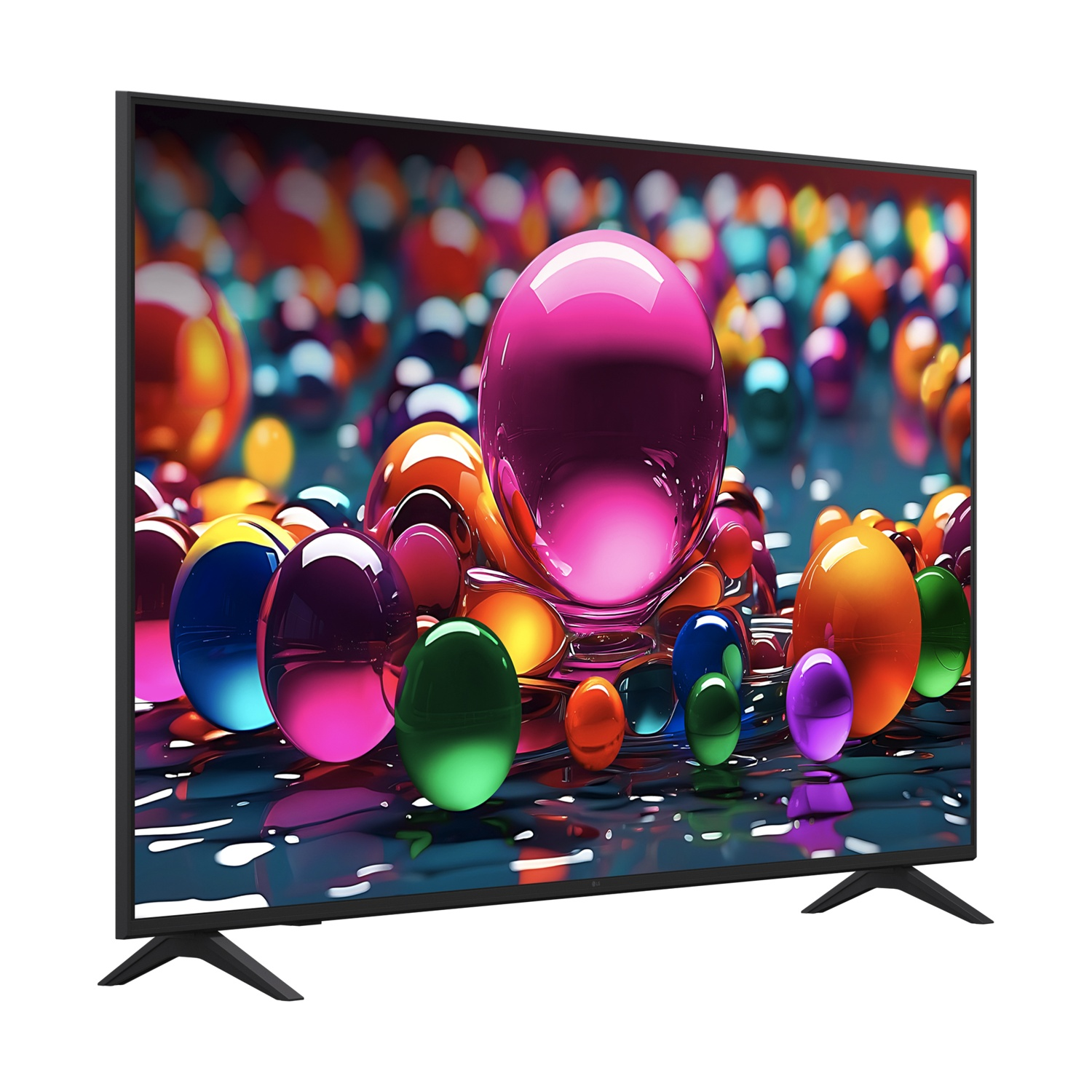 Schermo TV con sfere colorate. Supporto e cornice neri.