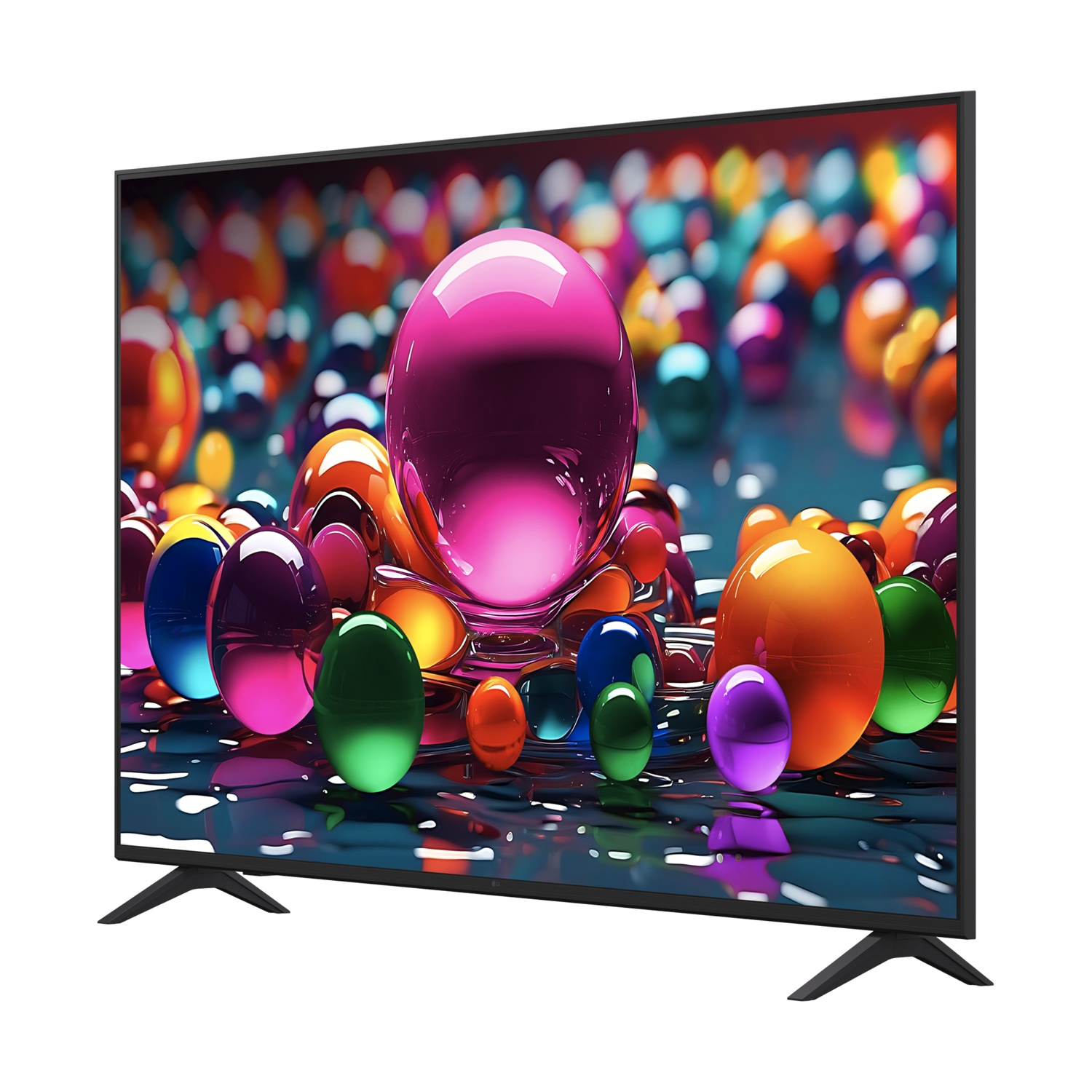 Un televisore a schermo piatto con sfere colorate sullo schermo. La TV è su gambe nere.