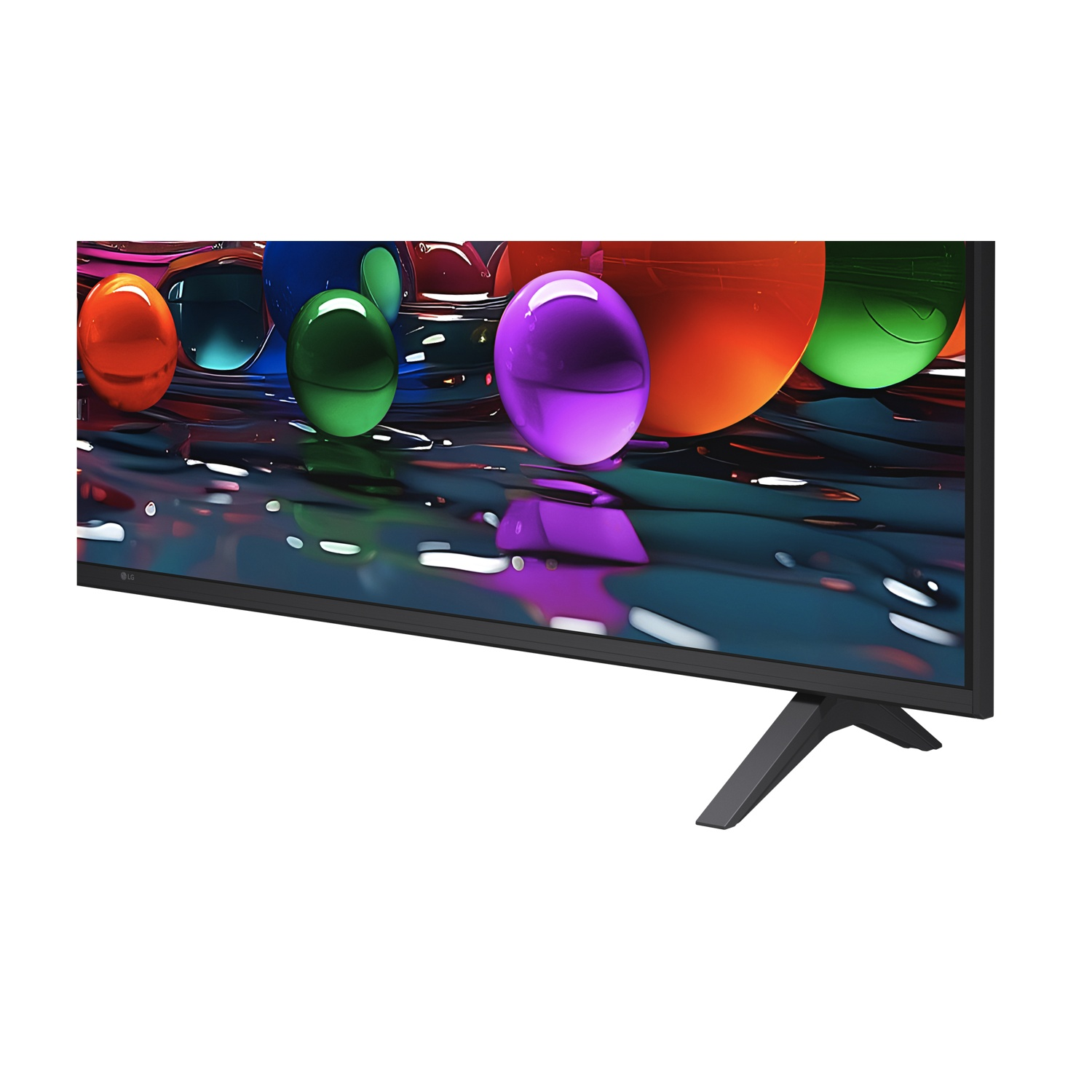 Primo piano di uno schermo TV con sfere colorate. Cornice e gambe TV nere visibili.