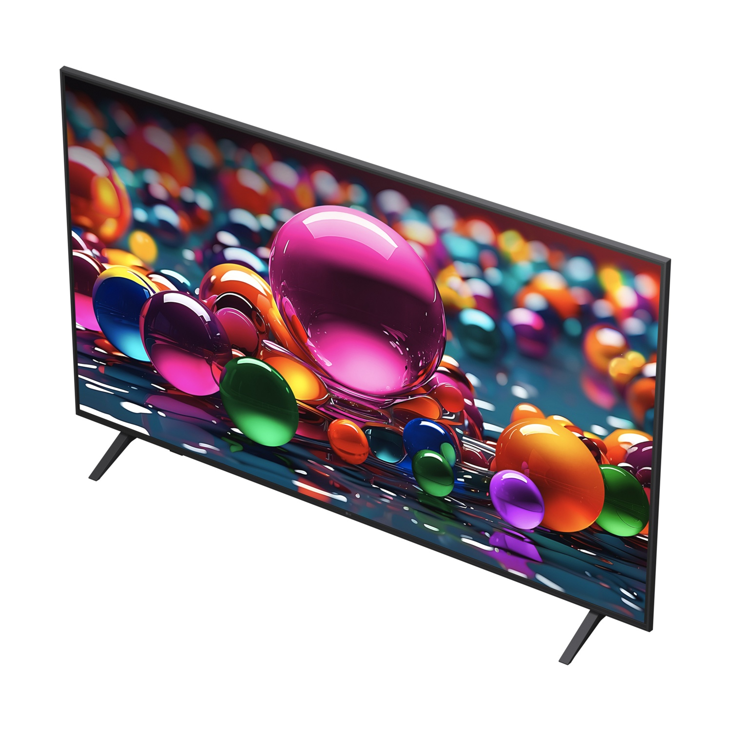 TV angolato con bolle colorate. Cornice e gambe nere.