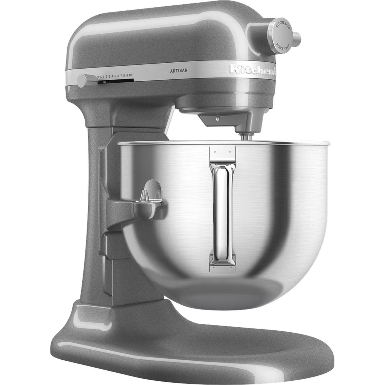 Mixer KitchenAid grigio, ciotola metallica lucida, scala 0-10, logo Artisan.