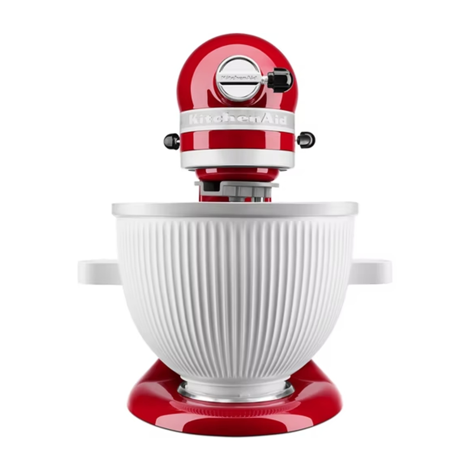 Mixer KitchenAid rosso con ciotola bianca a coste. Maniglie bianche, quadrante nero.