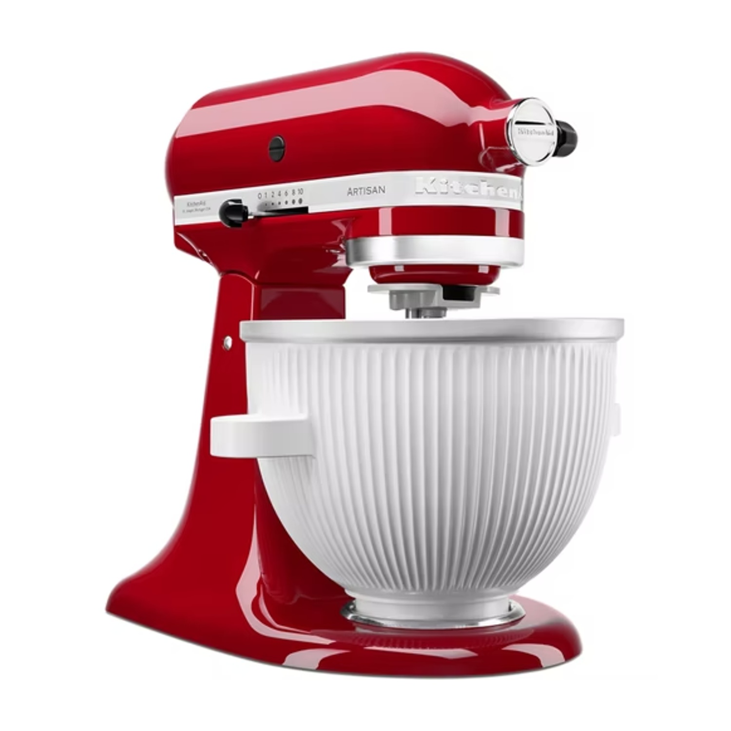 Mixer KitchenAid rosso, ciotola a coste. Quadrante nero, logo Artisan visibile.