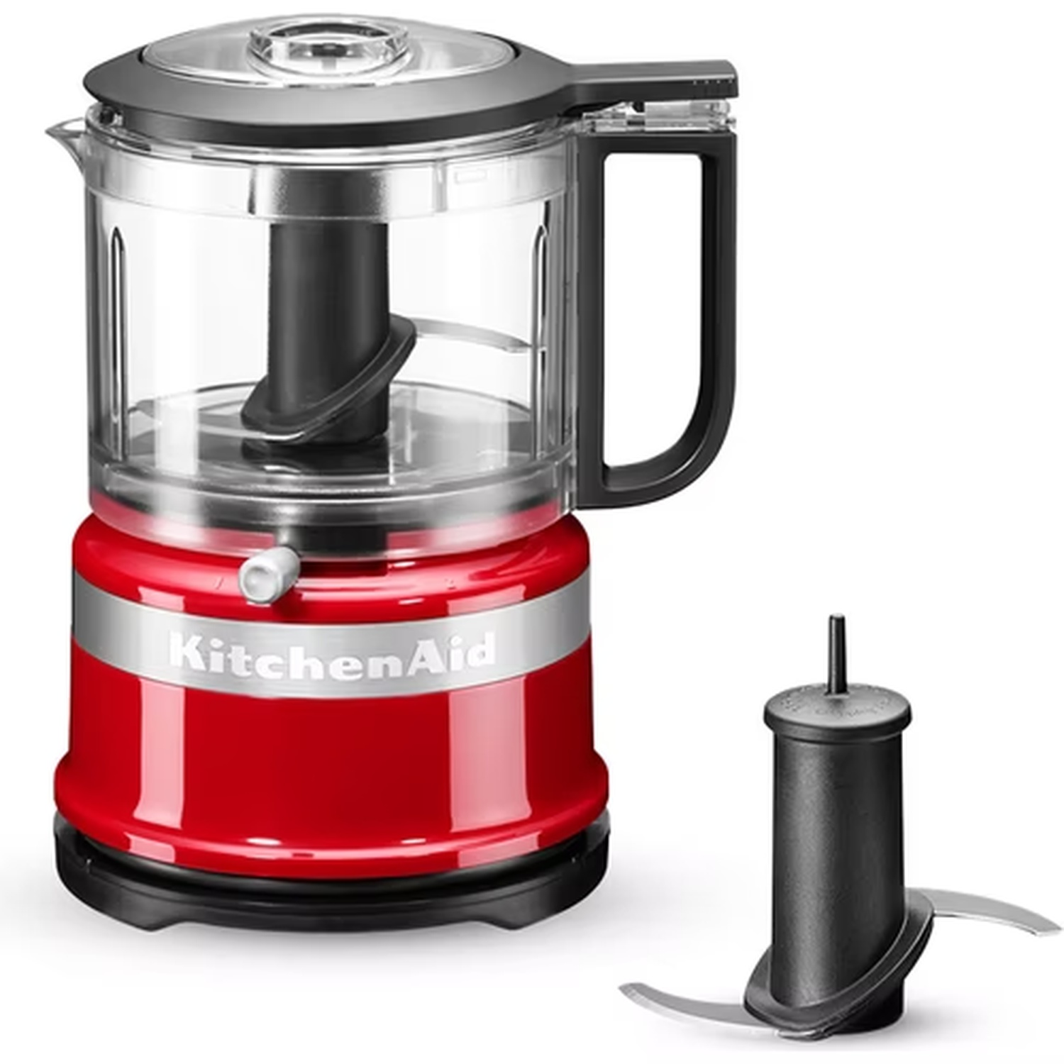 Un robot da cucina KitchenAid rosso è di fronte a uno sfondo bianco.