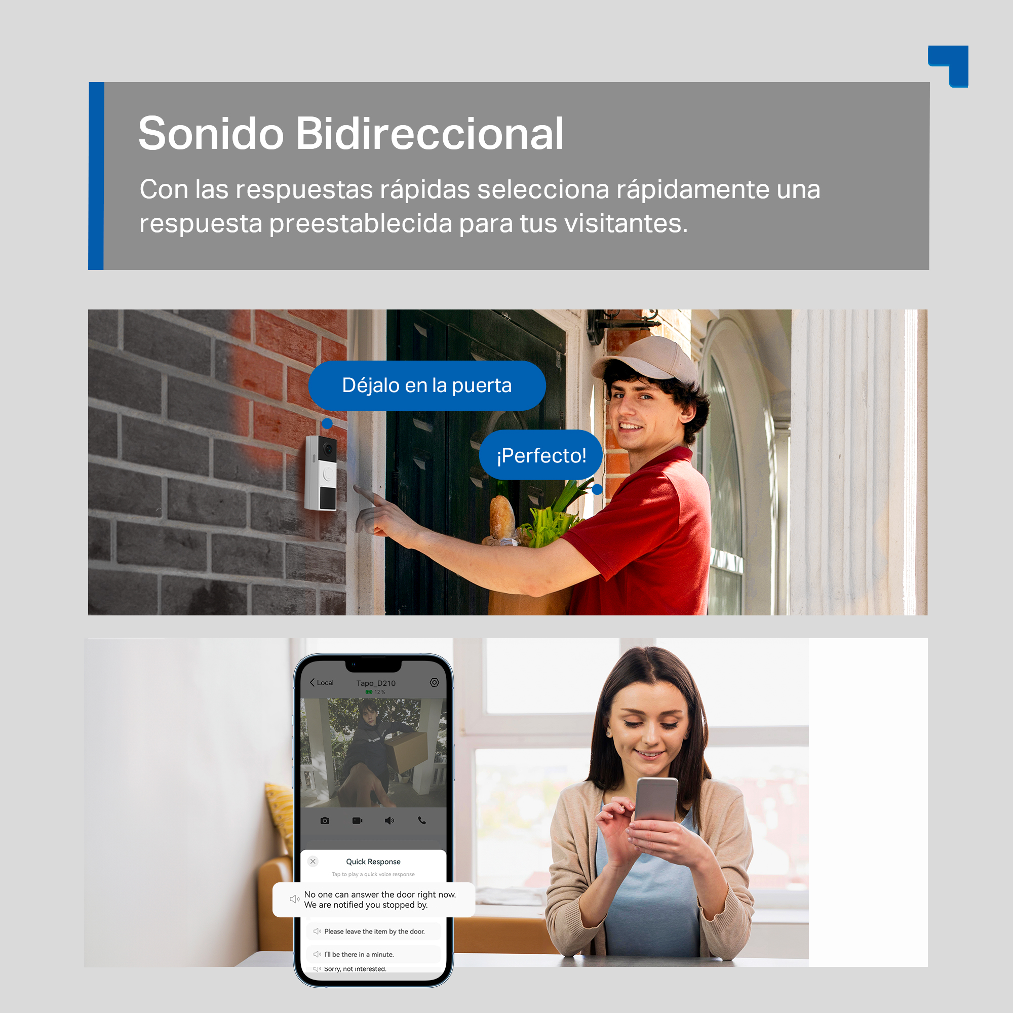 Un sistema de timbre inteligente, que muestra el timbre, un repartidor y una mujer usando un smartphone.