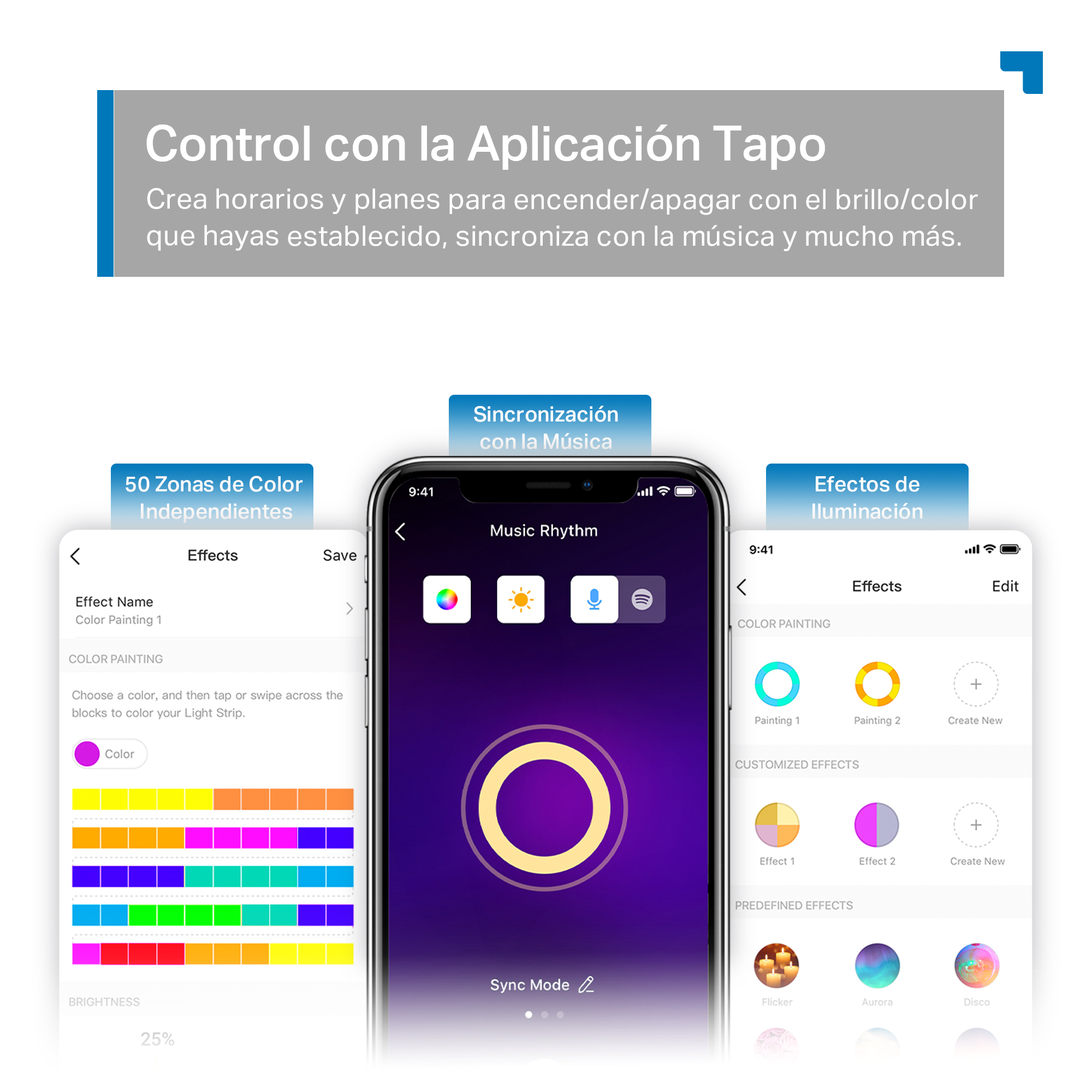 Teléfono con interfaz de aplicación de tira de luz, mostrando opciones de control y funciones de sincronización.