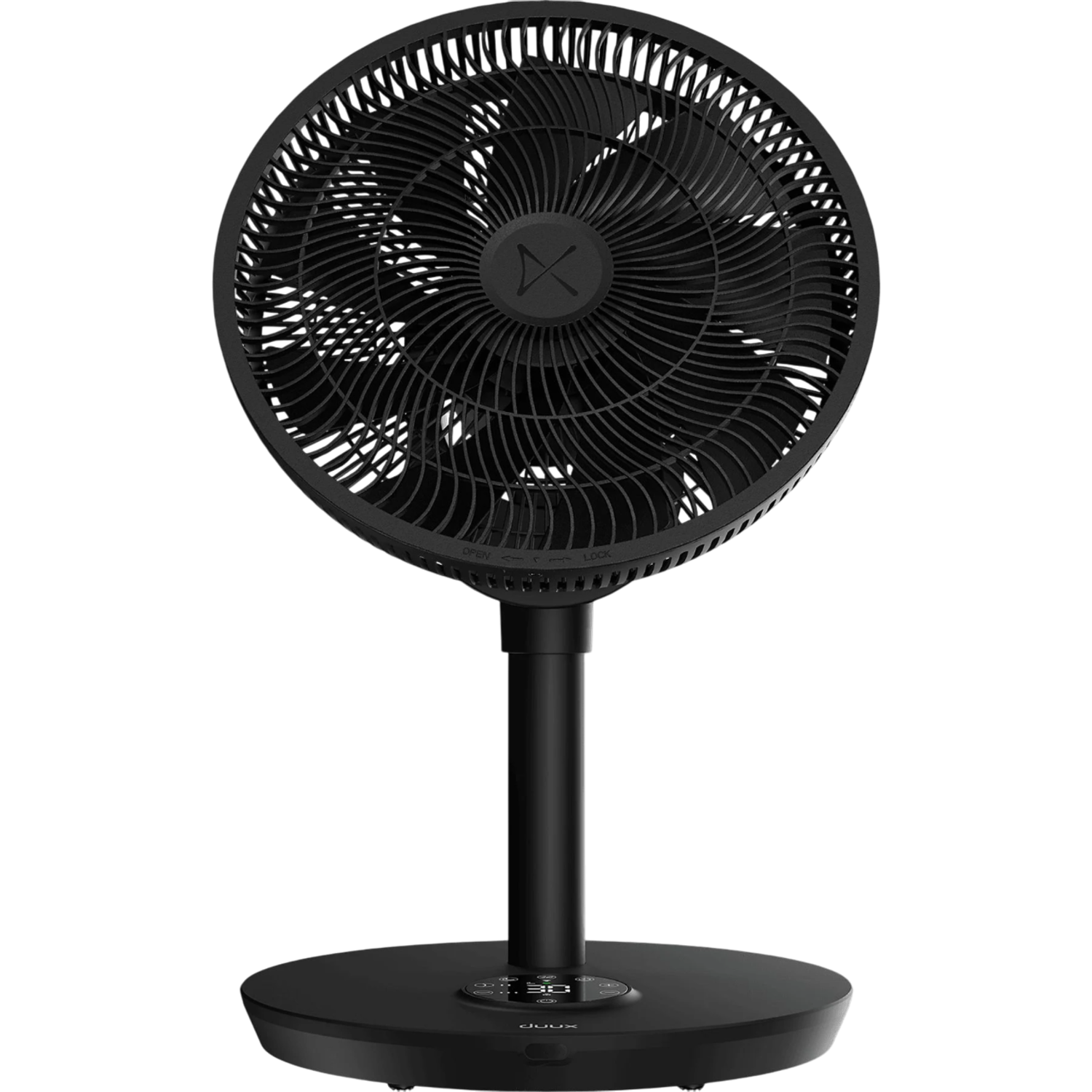 Zwarte elektrische ventilator met een cirkelvormig ontwerp. Het heeft gebogen bladen en een zwarte standaard.