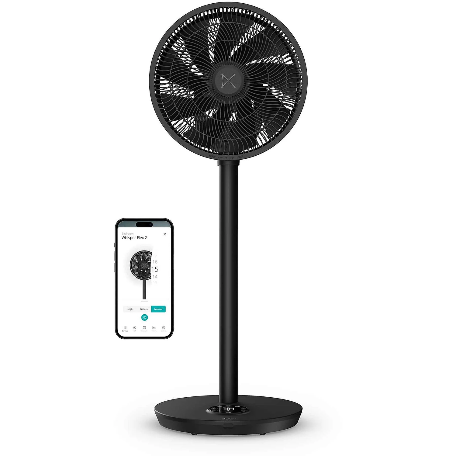 A black standing fan with a phone displaying the fan's control interface.