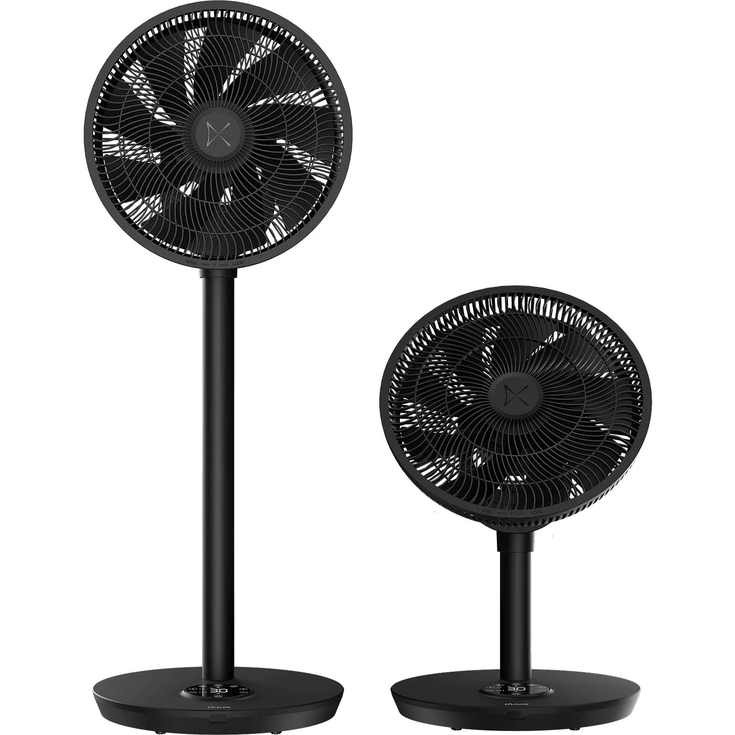 Two black standing fans. One tall, one short. Both have the same design and color.