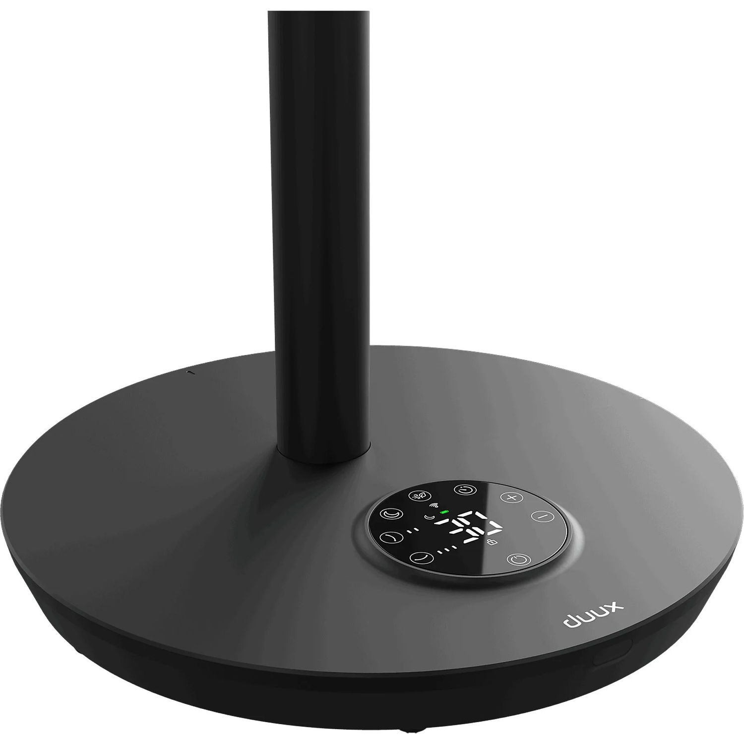 A close-up of a black standing fan base with a digital control panel.