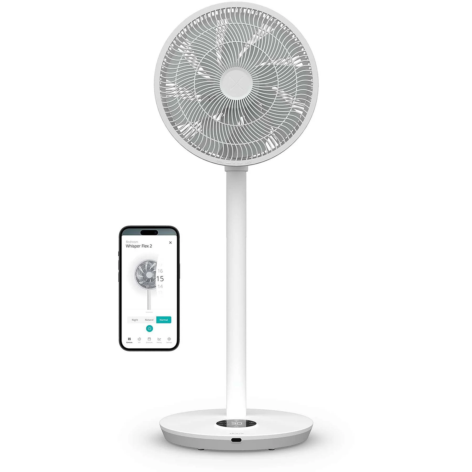 Un ventilateur sur pied blanc avec un téléphone affichant l'interface de contrôle du ventilateur.