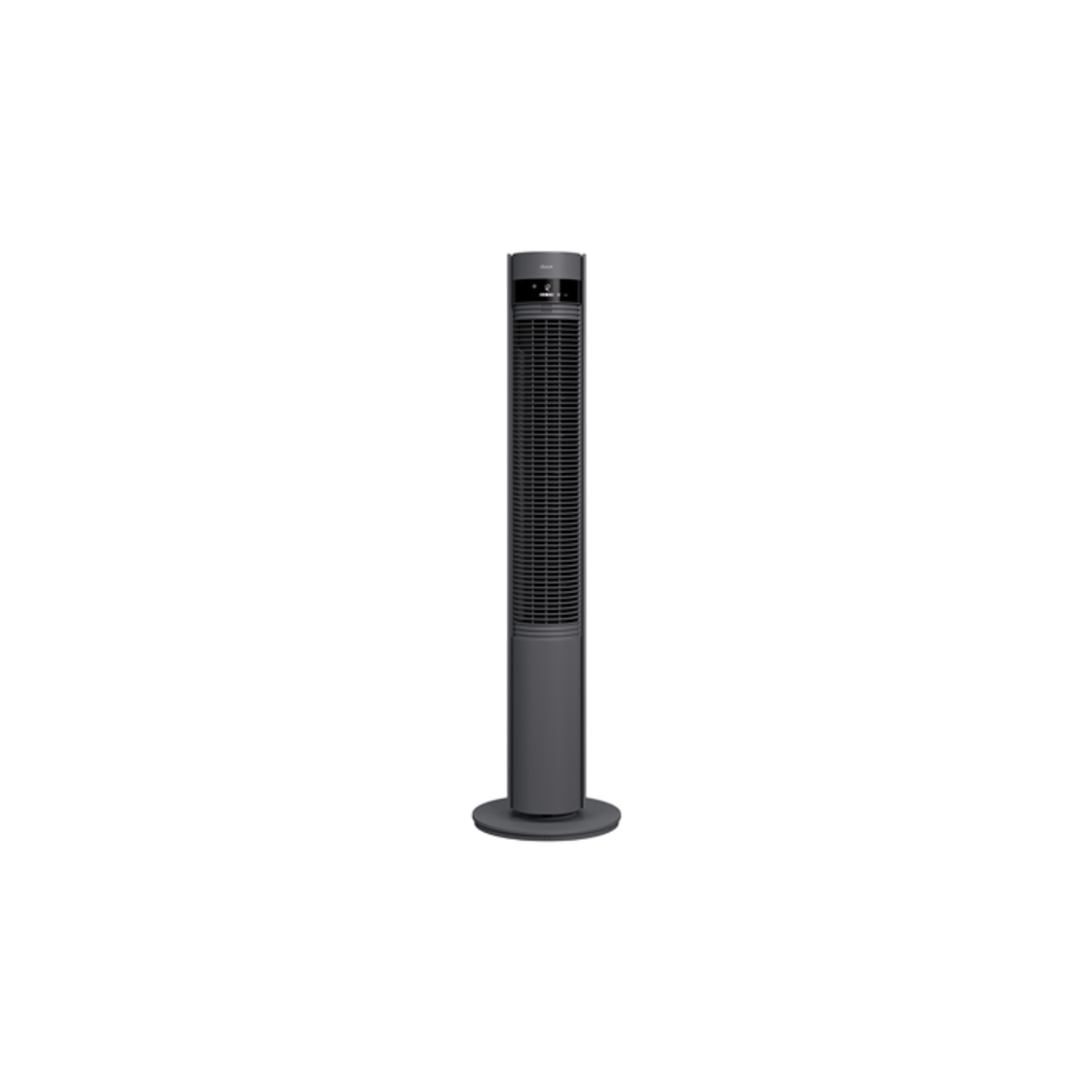 Een hoge, zwarte ventilator. Hij heeft een grijze basis en een digitaal display aan de bovenkant.