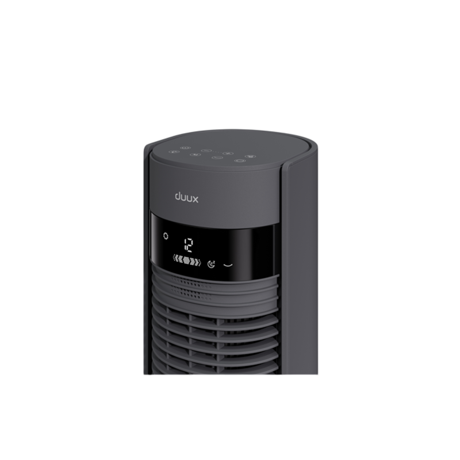 Close-up van een donkergrijze torenventilator met het bedieningspaneel en de ventilatieopeningen.