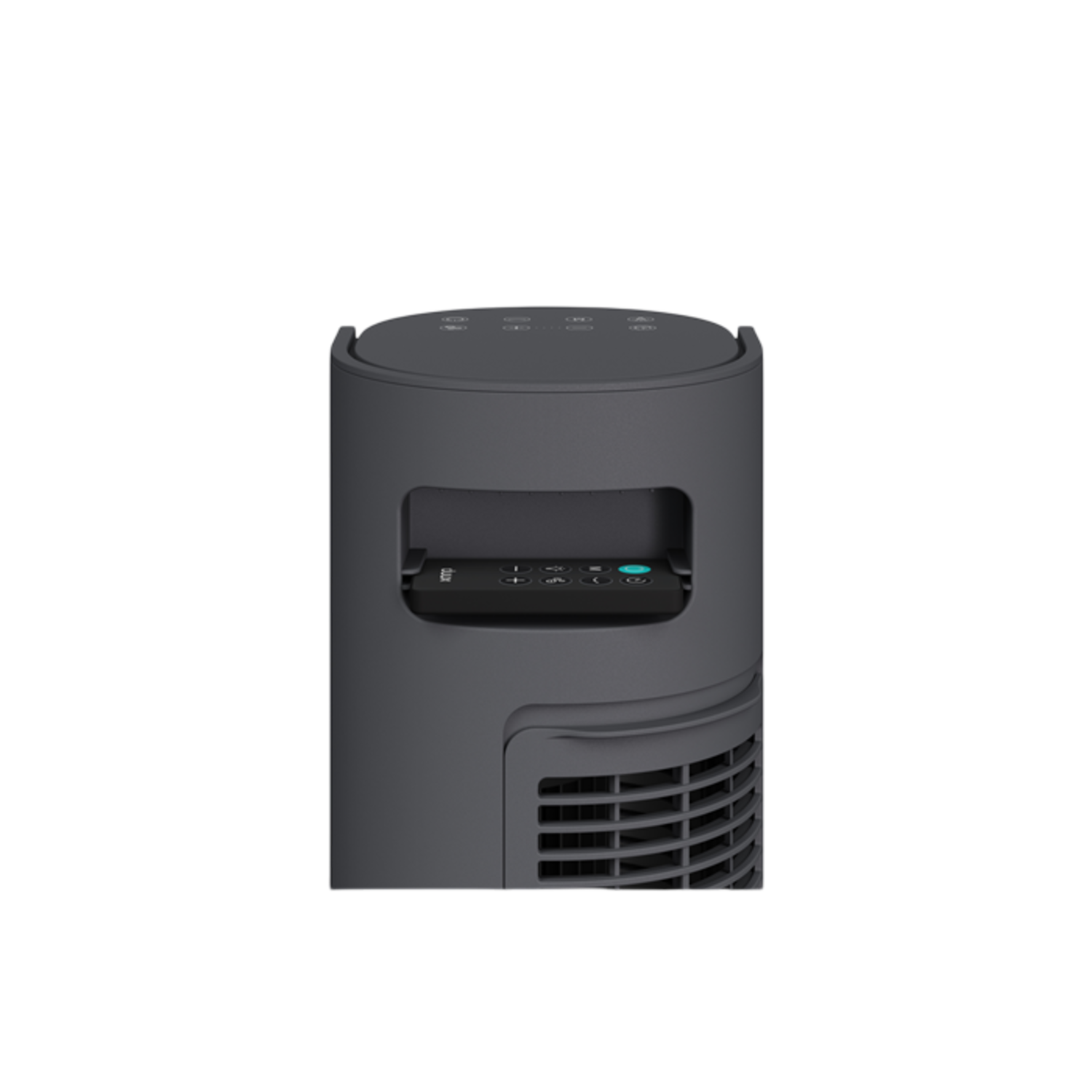 Zwarte ventilator met een handvat. Een afstandsbediening zit erin.