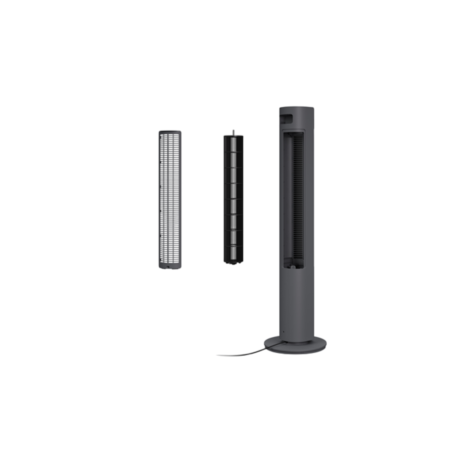 De componenten van een torenventilator, inclusief filters en de hoofdbehuizing, uitgestald op een zwart oppervlak.