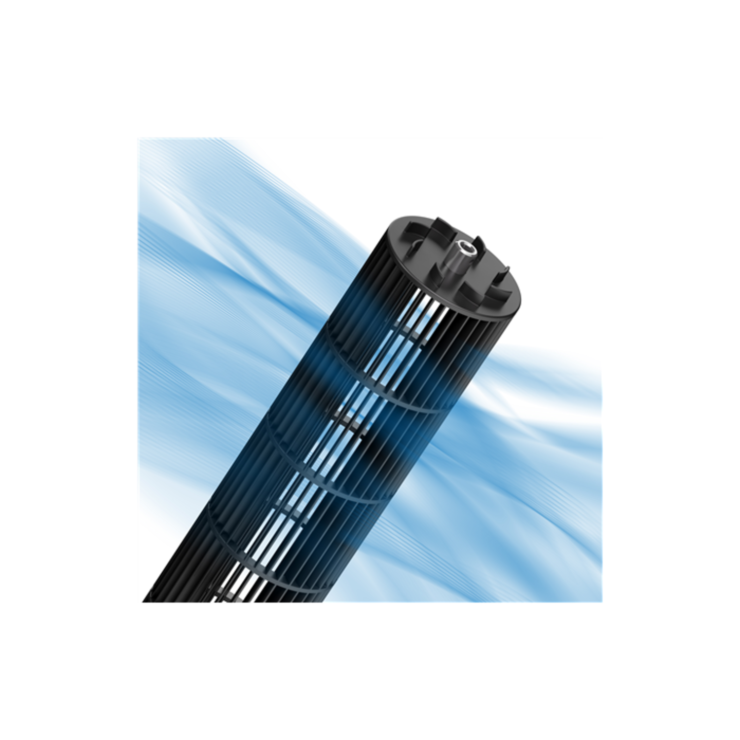 Zwarte ventilatorcilinder met blauwe luchtstroom op witte achtergrond.