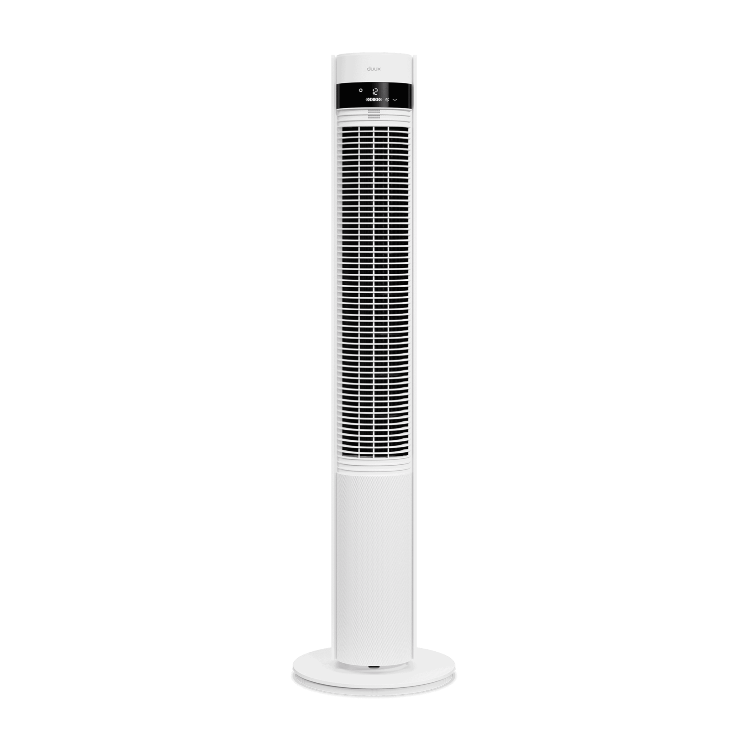 Een witte torenventilator op een zwarte achtergrond. De ventilator is hoog met een cirkelvormige voet.