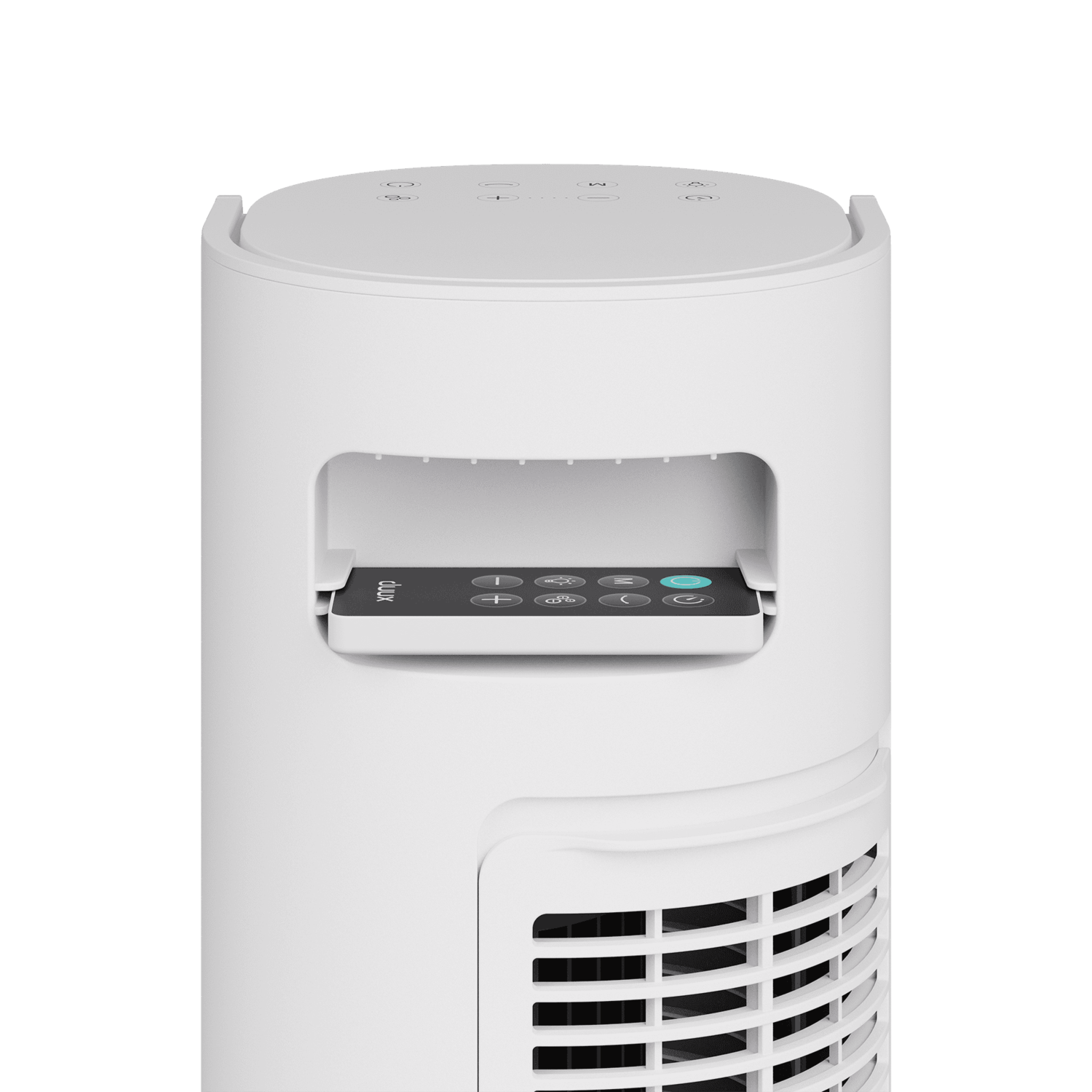 Een witte ventilator staat op de grijze muur.