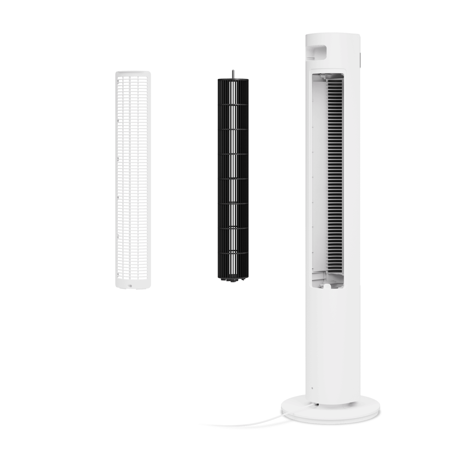 Witte torenventilator gedemonteerd, toont de componenten: buitenbehuizing, ventilatorbladen en binnenwerk, alles op zwarte achtergrond.