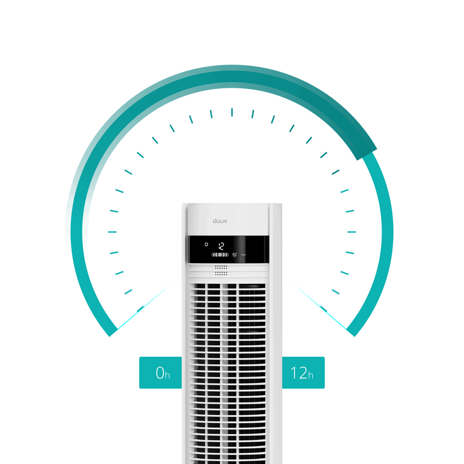 Een witte torenventilator met een timerfunctie, aangegeven door een boog met uurmarkeringen van 0 tot 12.